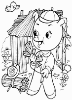 coloriage le petit cochon construit sa maison de paille